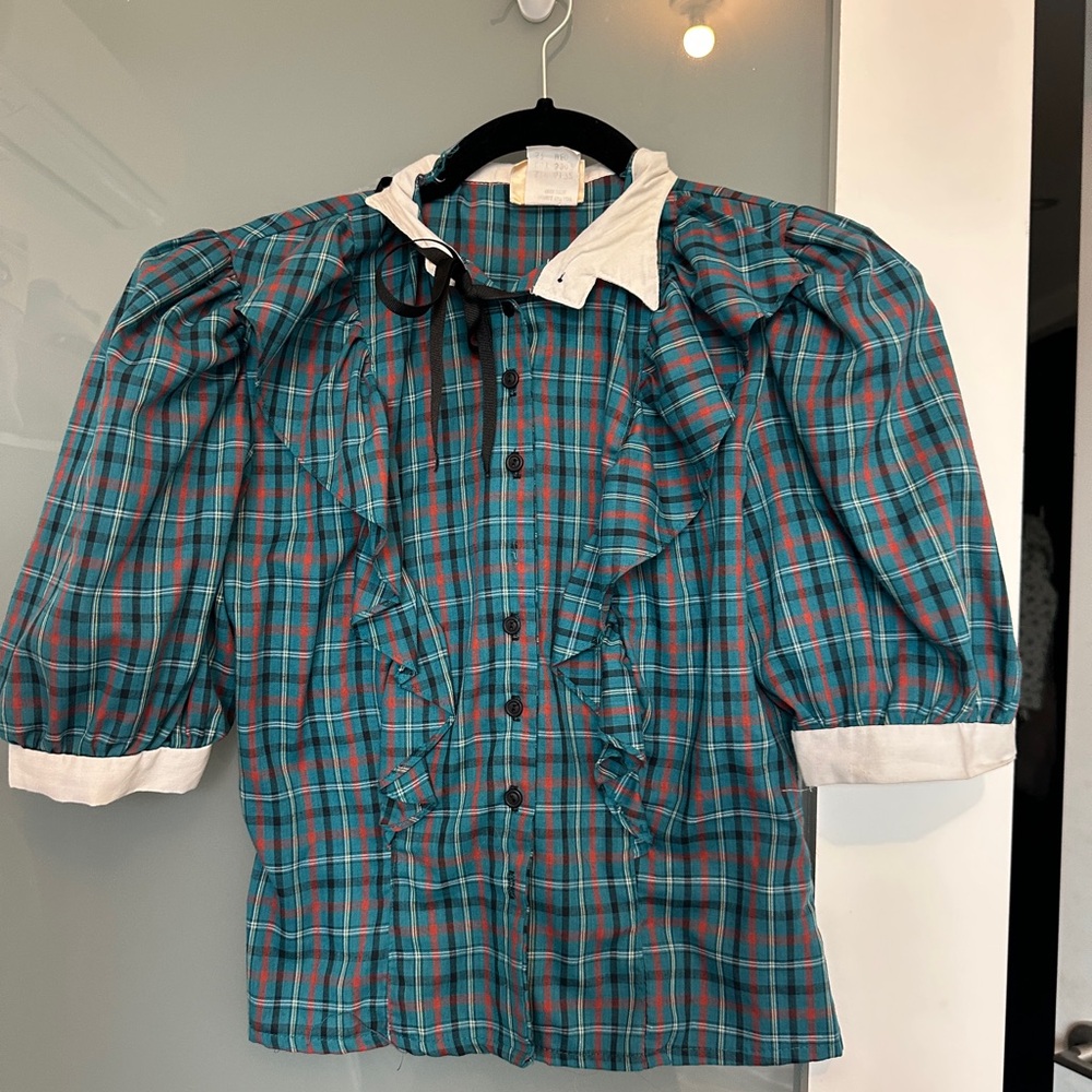 Vintage Plaid Ruffle Blouse with White Collar